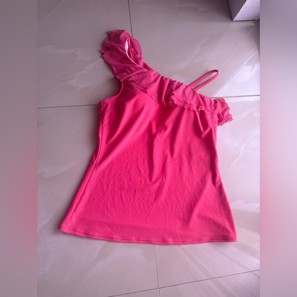 Be Creative swim top Women's Pink One-Shoulder Ruffle Top size 12 - Picture 14 of 16